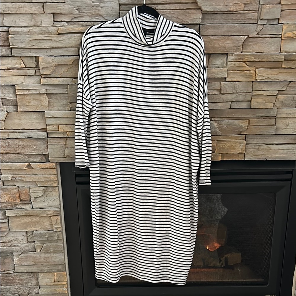 NWOT Cozy Striped Black and Grey Mock Turtleneck Dress